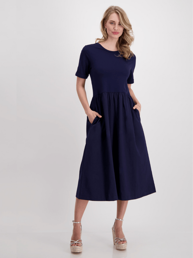 Monari Short Sleeve Dress in Navy Discover the Elegant Monari Collection at Signature of Double Bay, Shop Stylish Knitwear, Dresses, and Tops Online from Sydney's Premier Mature Fashion Boutique