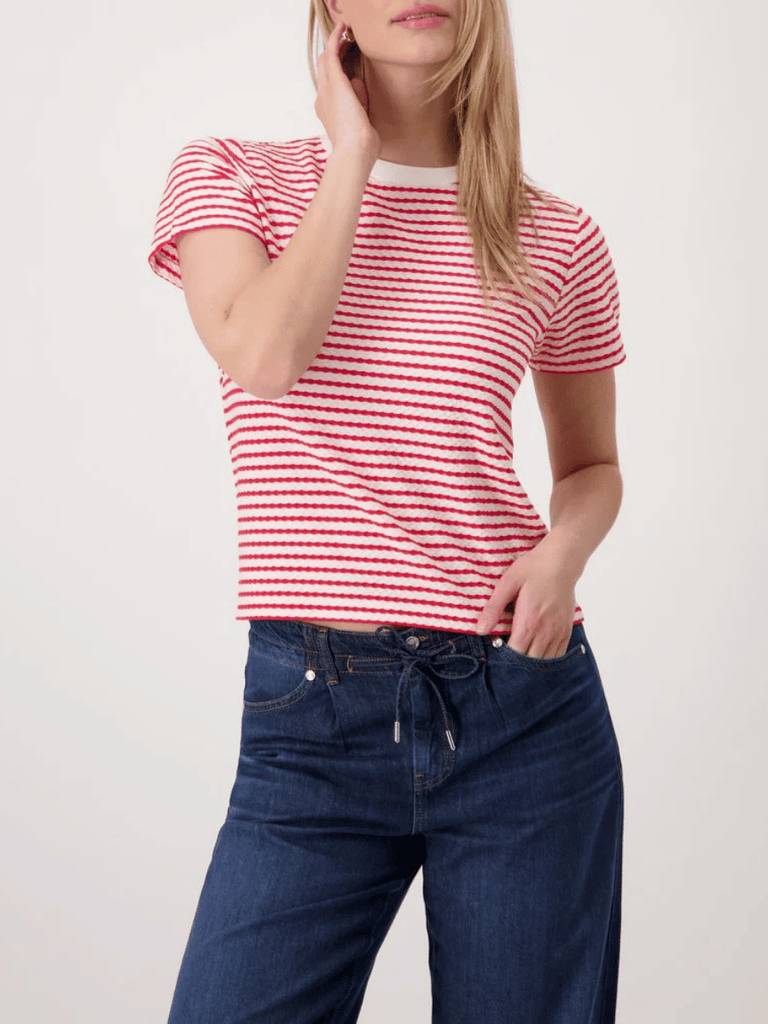 Monari Short Sleeve Relaxed Fit Textured Stripe T-Shirt in Red and White Discover the Elegant Monari Collection at Signature of Double Bay, Shop Stylish Knitwear, Dresses, and Tops Online from Sydney's Premier Mature Fashion Boutique