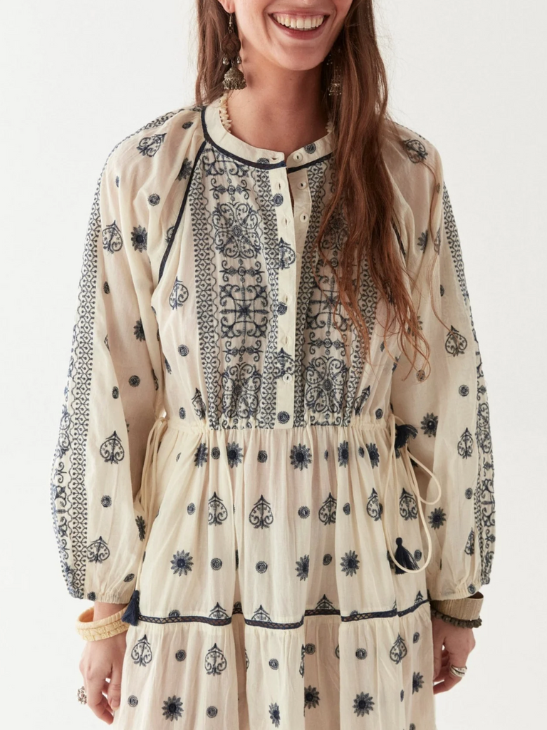 Maison Hotel Caroline Long Sleeve Embroidered Maxi Dress in Cream with Navy Embroidery Shop Maison Hotel online store shirts pants and dresses in Sydney Australia official stockist Maison Hotel buy Bohemian french style clothing with hand embroidery and vintage style