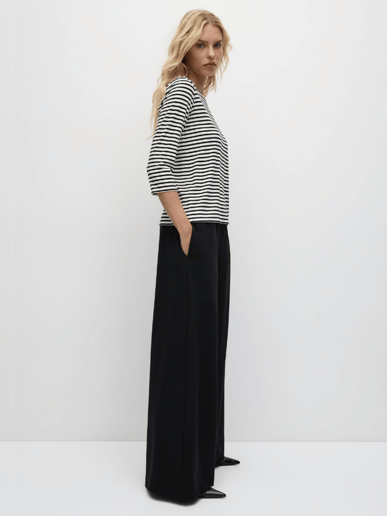 Mela Purdie 3/4 Sleeve Relaxed Boat Neck Top in Black and Vanilla Straw Stripe 2630 Mela Purdie Stockist Online Australia Signature of Double Bay Tops Dresses Elegant Clothing