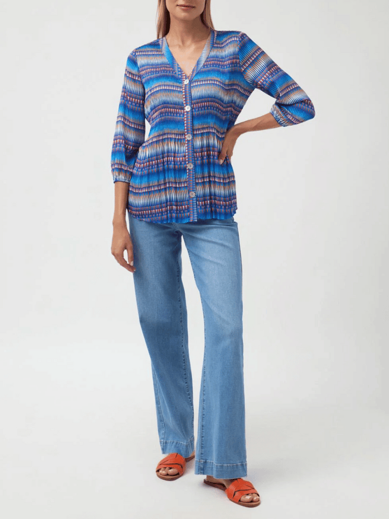 Tinta and Bariloche Long Sleeve Relaxed Fit Encanto Blouse in Royal Blue Geometric Print Tinta and Bariloche online Australia Shop Tinta Bariloche shorts, dresses, tops online. Signature of Double Bay Fashion Tinta and Bariloche Online