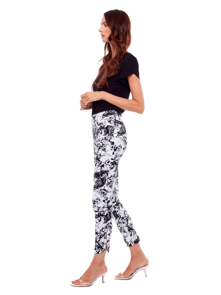 UP! PANTS 28" Ankle Slit Tummy Control Pant in Black and White Splashes Print 67755 Up Pants Tummy control stockist online Australia flattering body contouring shaping pants high rise waistband signature of double bay Sydney fashion