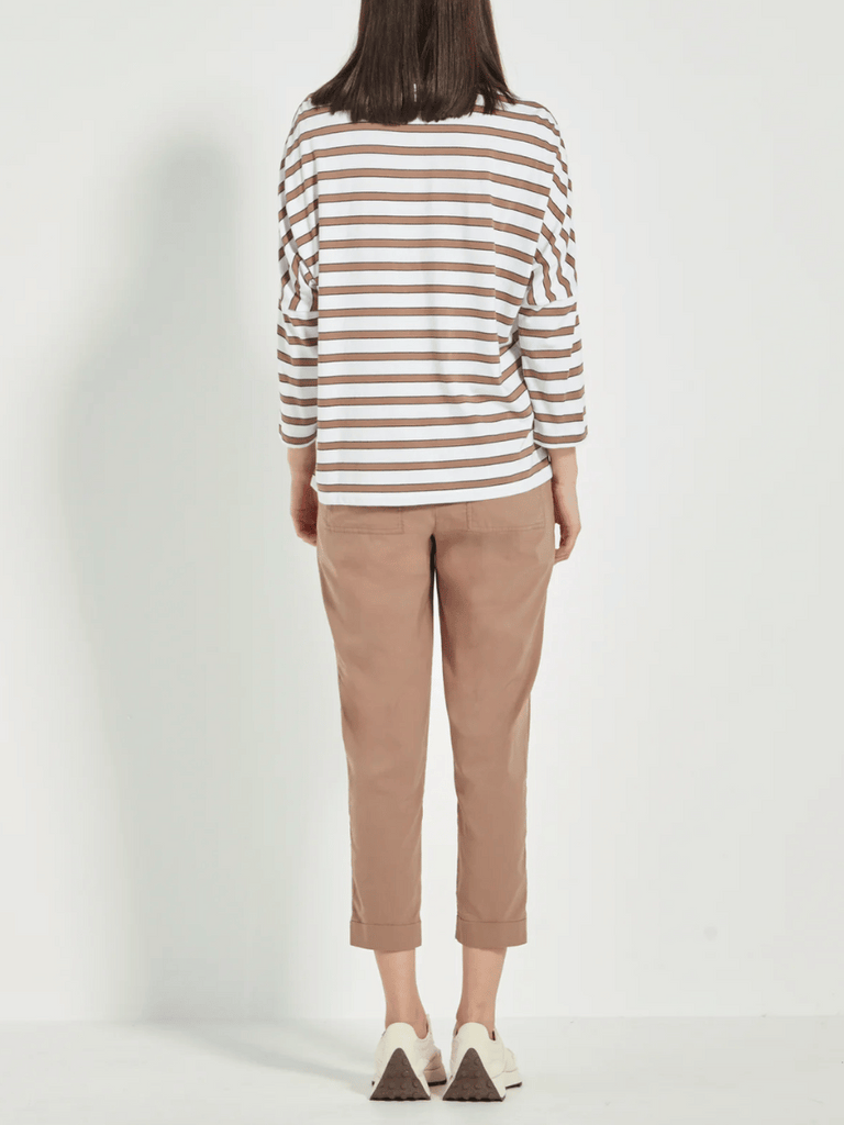 VERGE 3/4 Sleeve Relaxed Fit Sail Top in Brown and White Stripe Verge Stockist Online Australia Signature of Double Bay Mature Fashion Acrobat Flattering