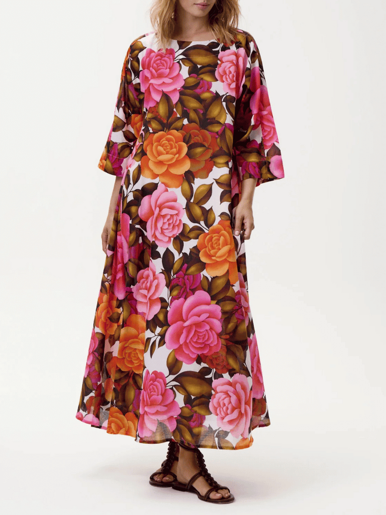 Oneseason Long Jackie Deia Cotton Roses Dress in Pink and Orange Floral Oneseason One Season lightweight and stylish resort wear Australian fashion label official stockist Signature of Double Bay