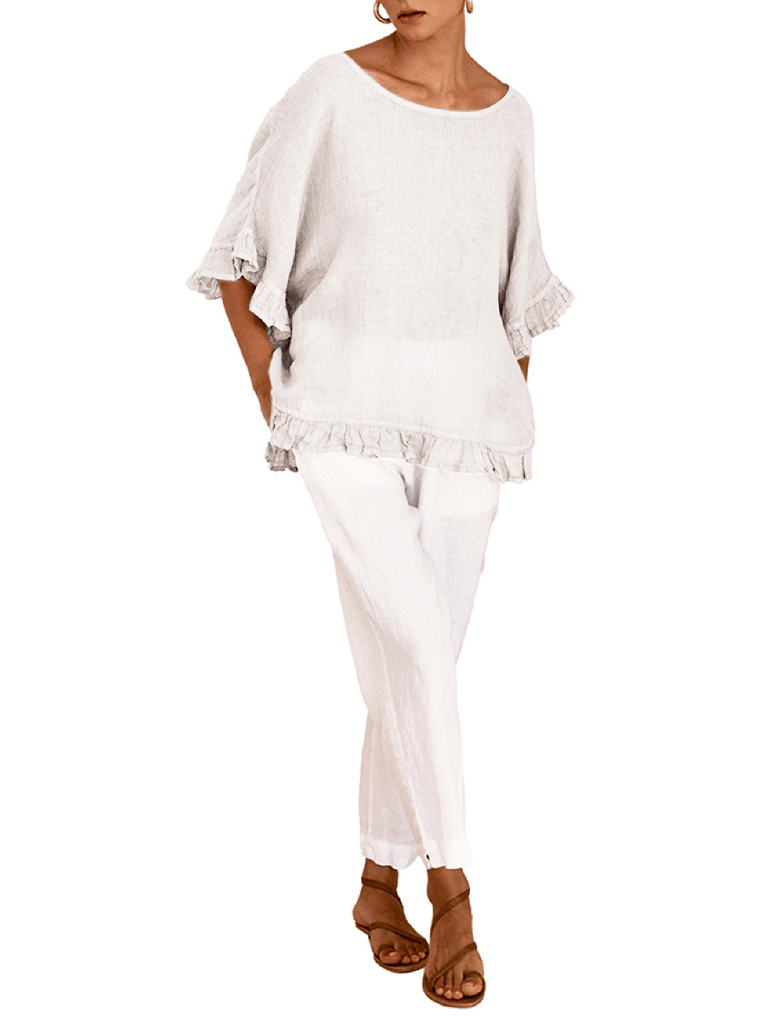 Haris Cotton Linen Gauze Blouse with Ruffles in White. Shop Haris Cotton Australia – Elegant linen clothing and sustainable european women’s fashion at Signature of Double Bay Sydney online and instore. shop natural linen dresses, white linen clothing and summer linen outfits in Sydney