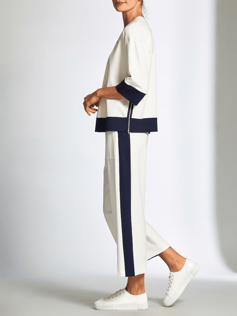 Peruzzi Contrast Zip Detail 3/4 Sleeve Top in Cream and Navy 25178 shop peruzzi, peruzzi fashion, peruzzi stockists, peruzzi stockists australia, peruzzi sydney, peruzzi womens clothing