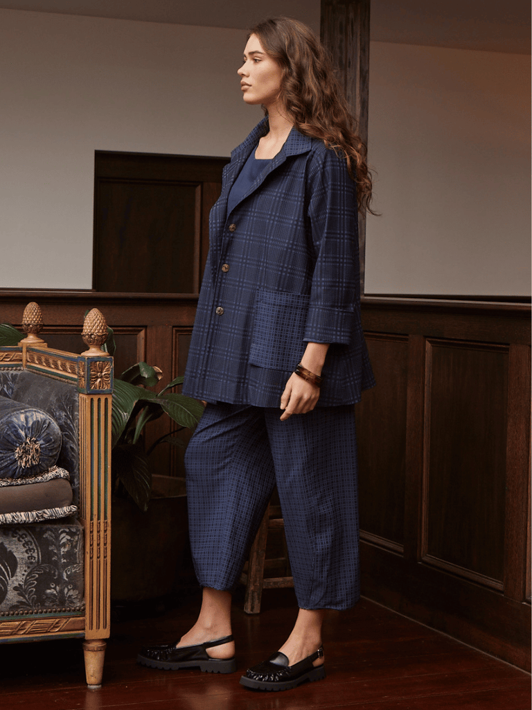 Valia Sydney Quay Pant Navy Checks VB021 Valia Australian fashion stockist online sydney buy quality womens mature fashion online in Sydney sustainable natural clothing