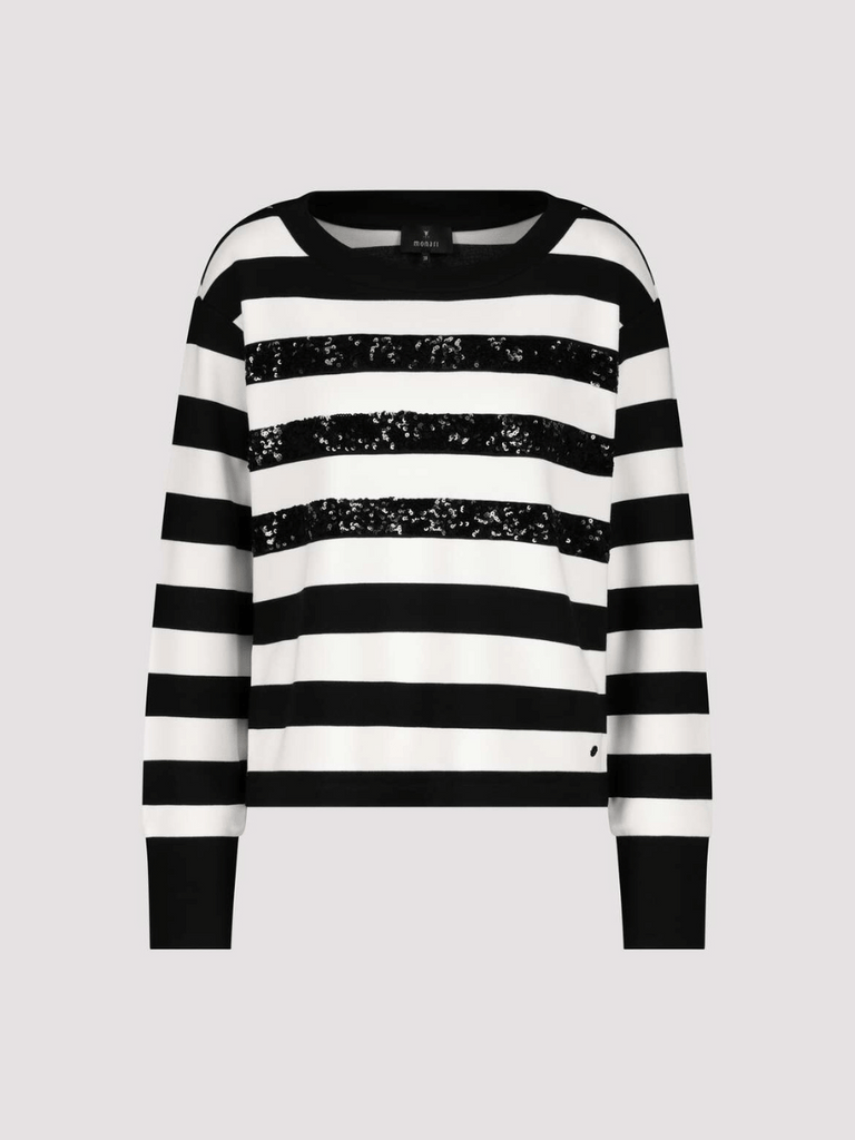 Monari Long Sleeve Sweatshirt with Sequin Highlights in Black and White Block Stripe Discover the Elegant Monari Collection at Signature of Double Bay, Shop Stylish Knitwear, Dresses, and Tops Online from Sydney's Premier Mature Fashion Boutique