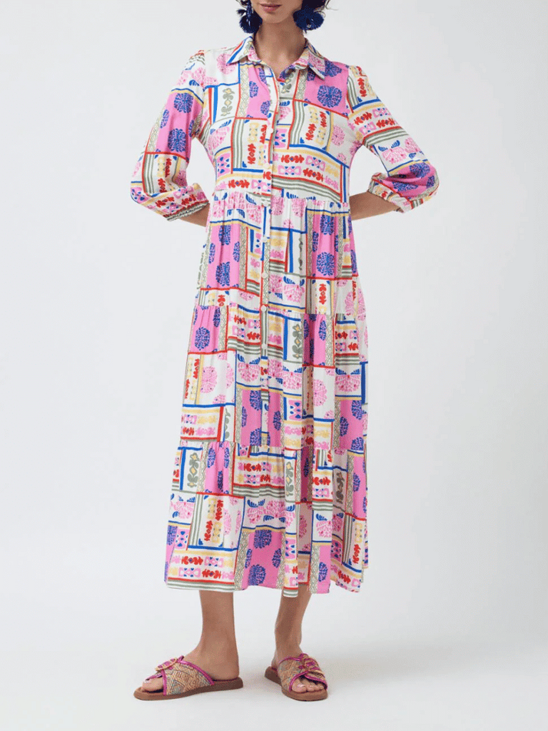 Tinta & Bariloche 3/4 Sleeve Burton Maxi Shirt Dress in Pink Ornamental Print Tinta and Bariloche online Australia Shop Tinta Bariloche shorts, dresses, tops online. Signature of Double Bay Fashion Tinta and Bariloche Online
