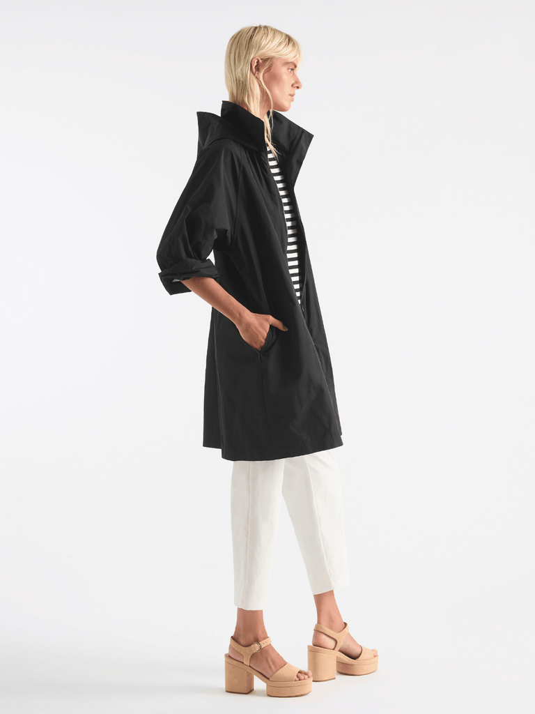 Mela Purdie Women's Waterproof Midi Topper in Black stylish, functional raincoat waterproof jacket with hood mela purdie stockist online sydney australia