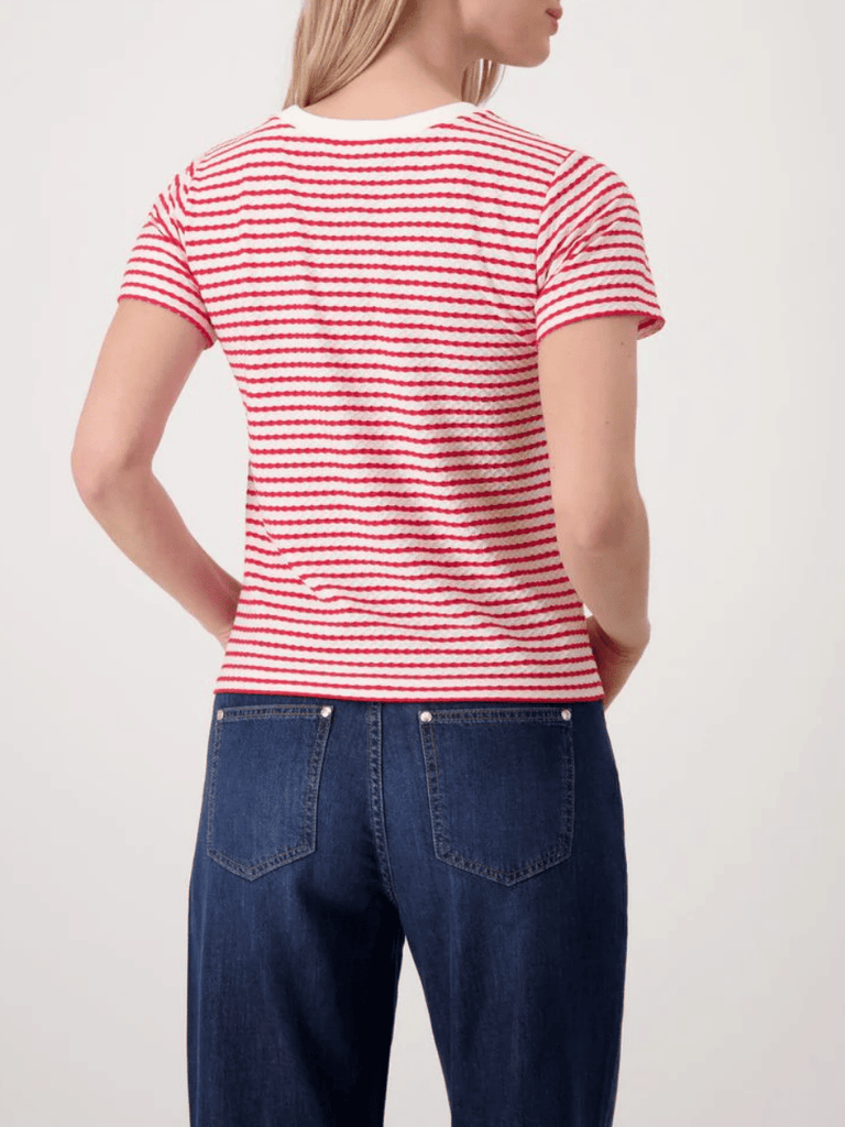 Monari Short Sleeve Relaxed Fit Textured Stripe T-Shirt in Red and White Discover the Elegant Monari Collection at Signature of Double Bay, Shop Stylish Knitwear, Dresses, and Tops Online from Sydney's Premier Mature Fashion Boutique