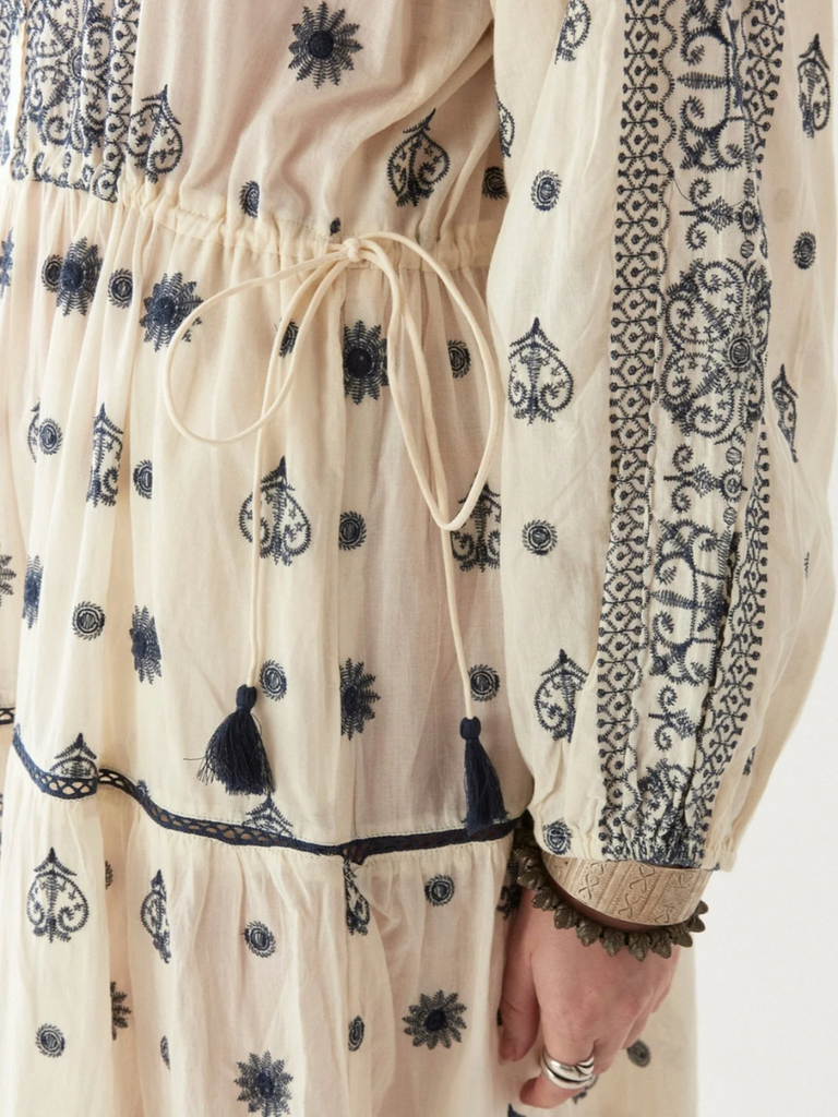 Maison Hotel Caroline Long Sleeve Embroidered Maxi Dress in Cream with Navy Embroidery Shop Maison Hotel online store shirts pants and dresses in Sydney Australia official stockist Maison Hotel buy Bohemian french style clothing with hand embroidery and vintage style
