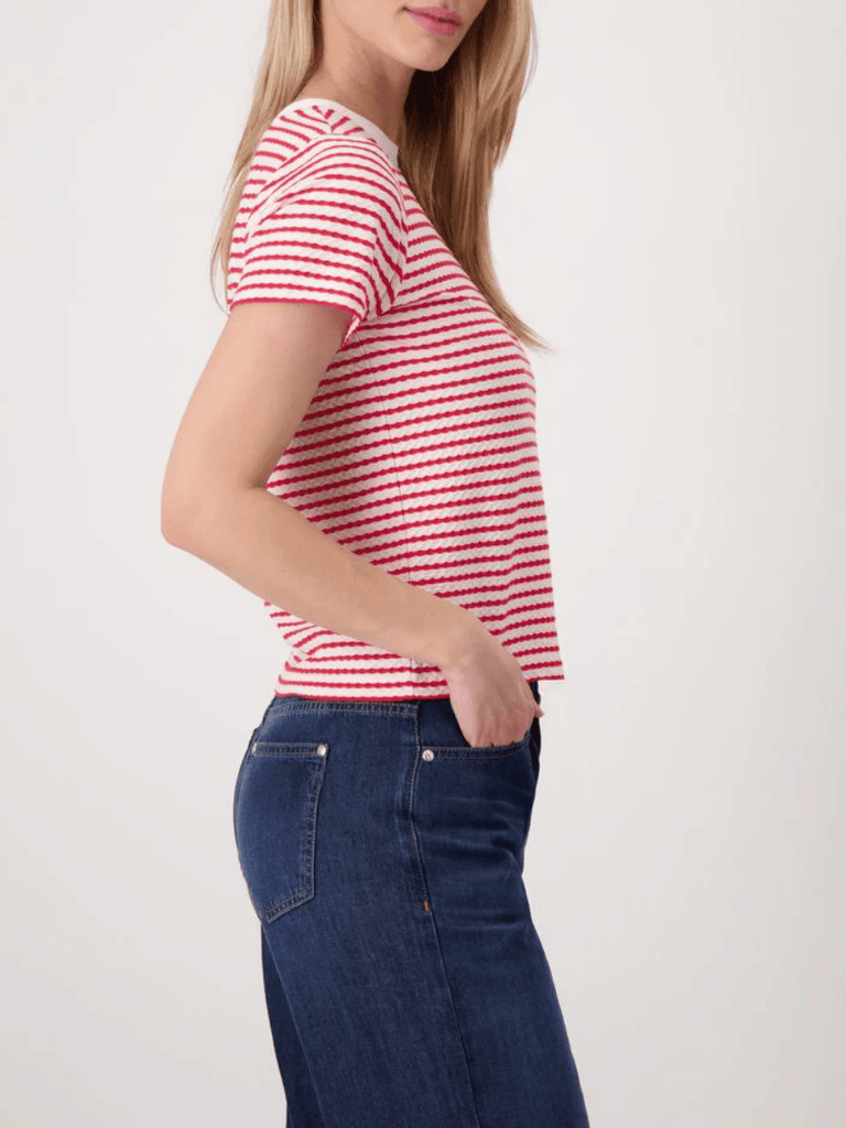 Monari Short Sleeve Relaxed Fit Textured Stripe T-Shirt in Red and White Discover the Elegant Monari Collection at Signature of Double Bay, Shop Stylish Knitwear, Dresses, and Tops Online from Sydney's Premier Mature Fashion Boutique