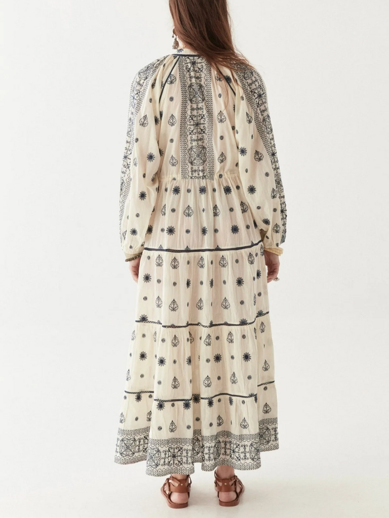 Maison Hotel Caroline Long Sleeve Embroidered Maxi Dress in Cream with Navy Embroidery Shop Maison Hotel online store shirts pants and dresses in Sydney Australia official stockist Maison Hotel buy Bohemian french style clothing with hand embroidery and vintage style