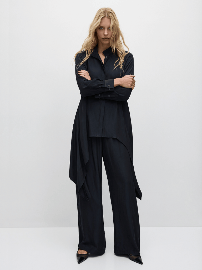 Mela Purdie Asymmetrical Deco Shirt in Navy 8697 Mela Purdie Stockist Online Australia Signature of Double Bay Tops Dresses Elegant Clothing