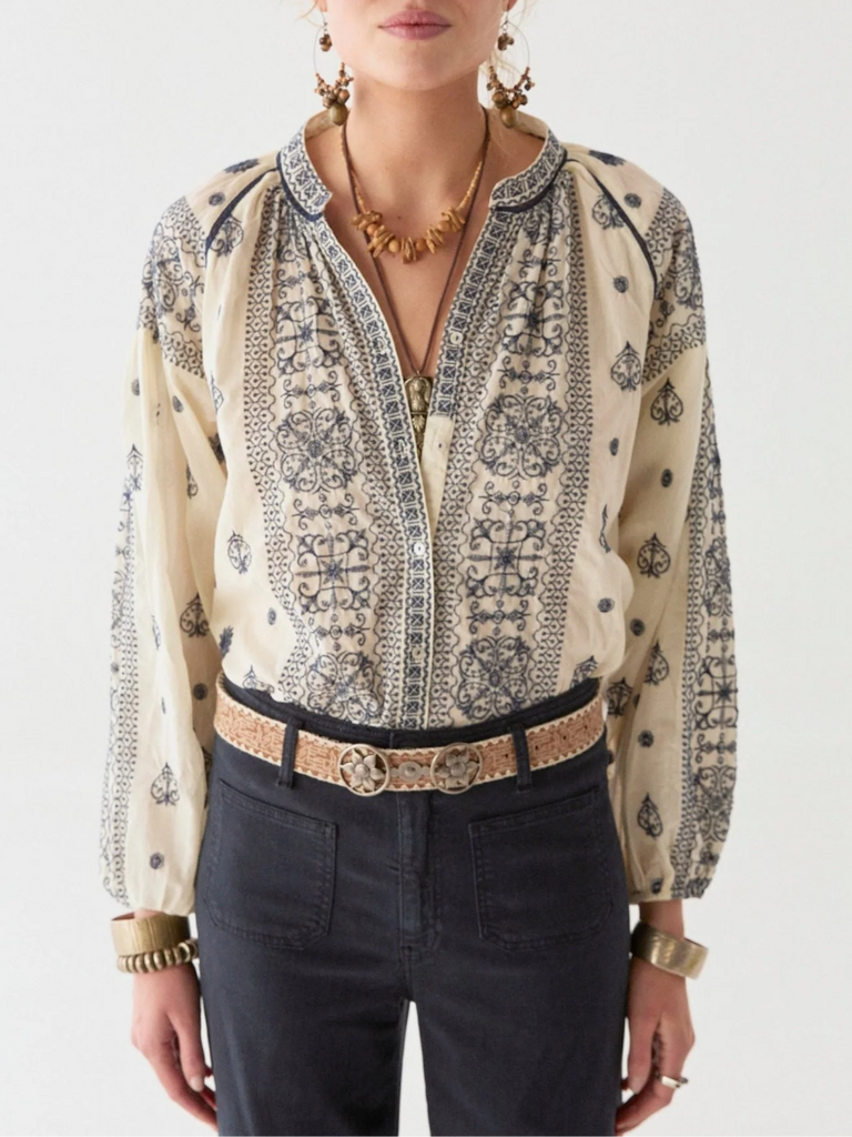 Maison Hotel Long Sleeve Stephanie Blouse in Off White with Indigo Embroidery Shop Maison Hotel online store shirts pants and dresses in Sydney Australia official stockist Maison Hotel buy Bohemian french style clothing with hand embroidery and vintage style