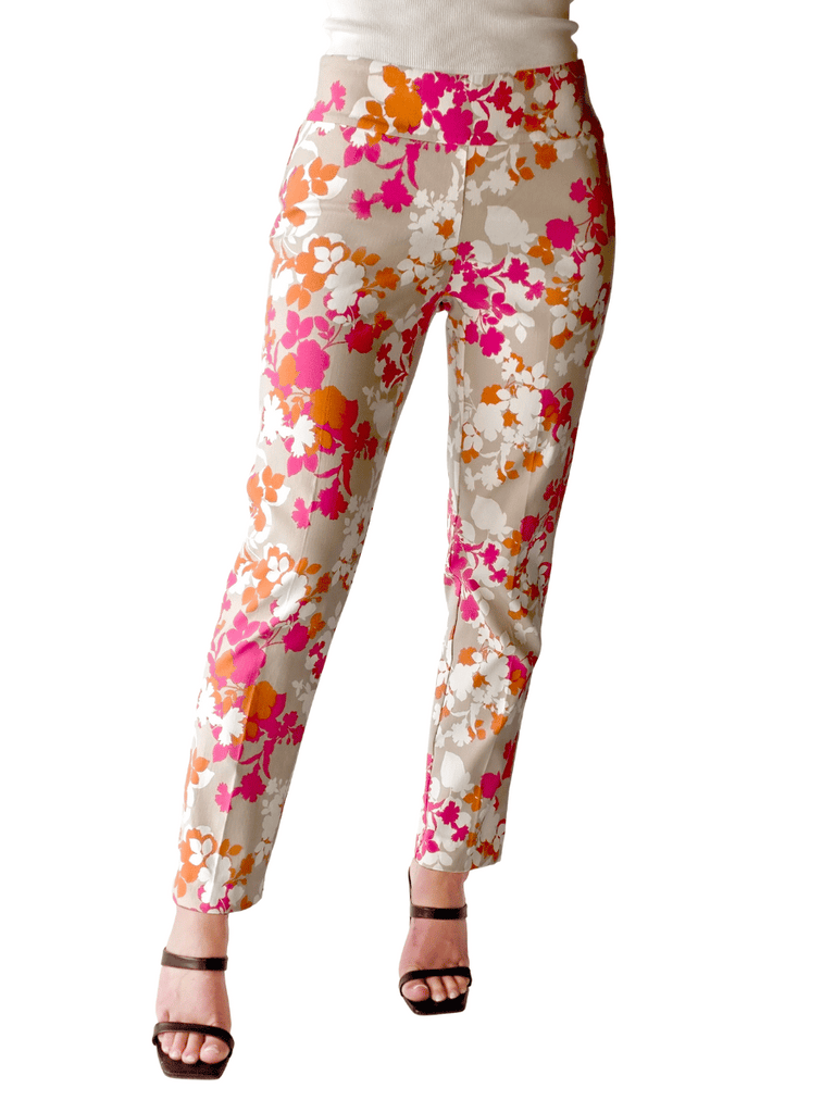 UP! PANTS Tummy Control Ankle Pant 28" in Pink, Orange and Beige Floral 68766 Print Up Pants Tummy control stockist online Australia flattering body contouring shaping pants high rise waistband signature of double bay Sydney fashion