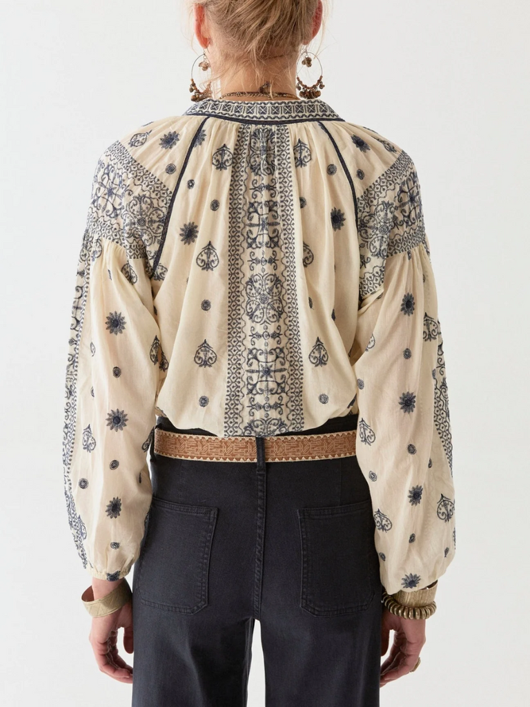 Maison Hotel Long Sleeve Stephanie Blouse in Off White with Indigo Embroidery Shop Maison Hotel online store shirts pants and dresses in Sydney Australia official stockist Maison Hotel buy Bohemian french style clothing with hand embroidery and vintage style