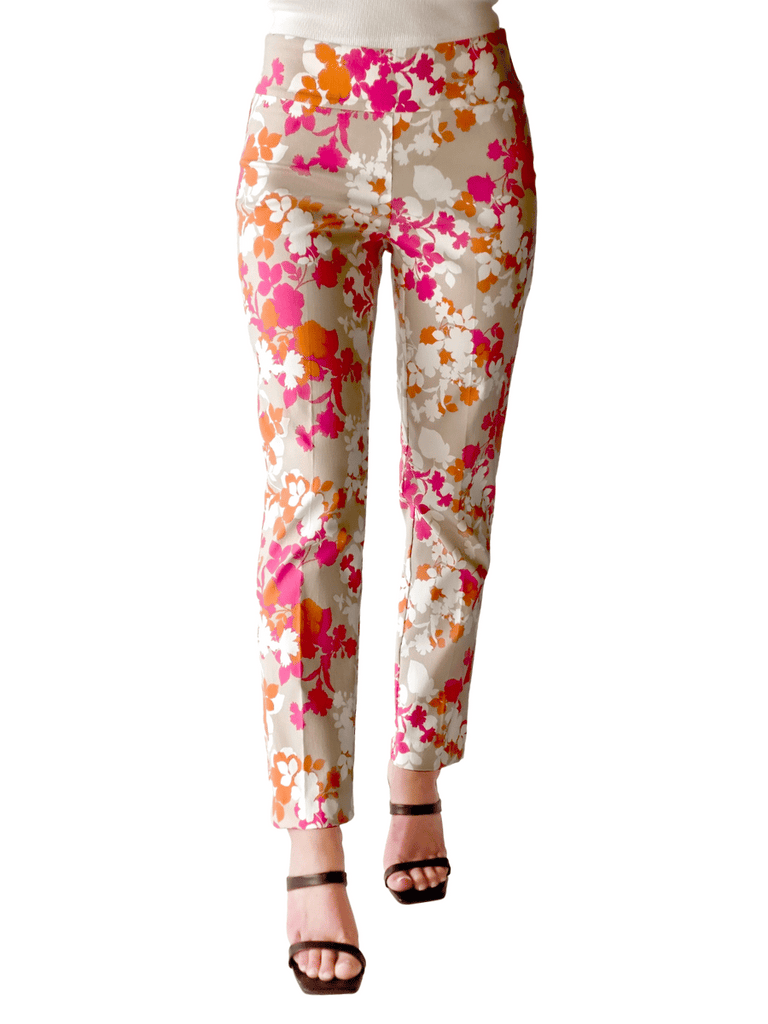 UP! PANTS Tummy Control Ankle Pant 28" in Pink, Orange and Beige Floral 68766 Print Up Pants Tummy control stockist online Australia flattering body contouring shaping pants high rise waistband signature of double bay Sydney fashion