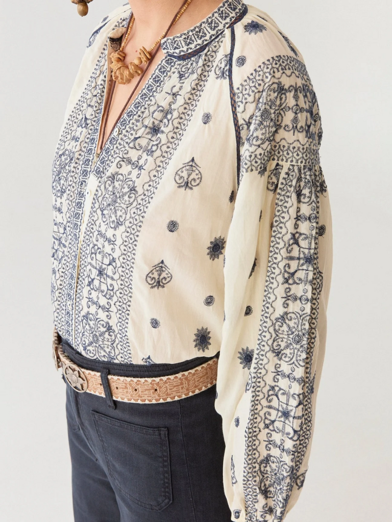 Maison Hotel Long Sleeve Stephanie Blouse in Off White with Indigo Embroidery Shop Maison Hotel online store shirts pants and dresses in Sydney Australia official stockist Maison Hotel buy Bohemian french style clothing with hand embroidery and vintage style