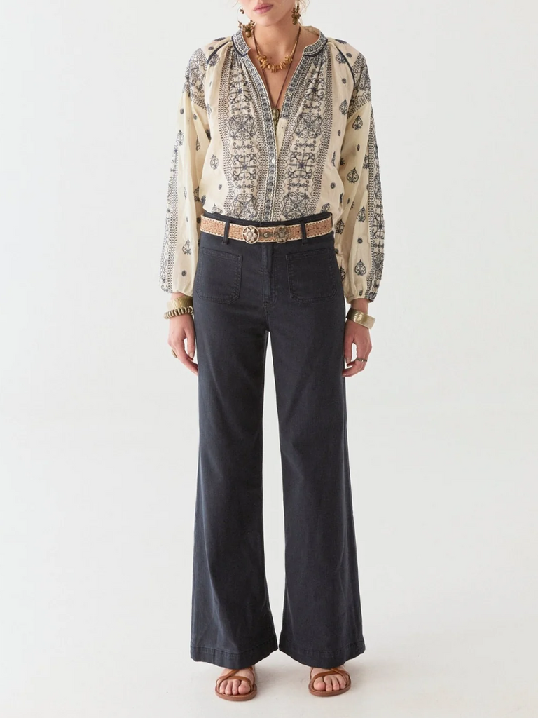 Maison Hotel Long Sleeve Stephanie Blouse in Off White with Indigo Embroidery Shop Maison Hotel online store shirts pants and dresses in Sydney Australia official stockist Maison Hotel buy Bohemian french style clothing with hand embroidery and vintage style