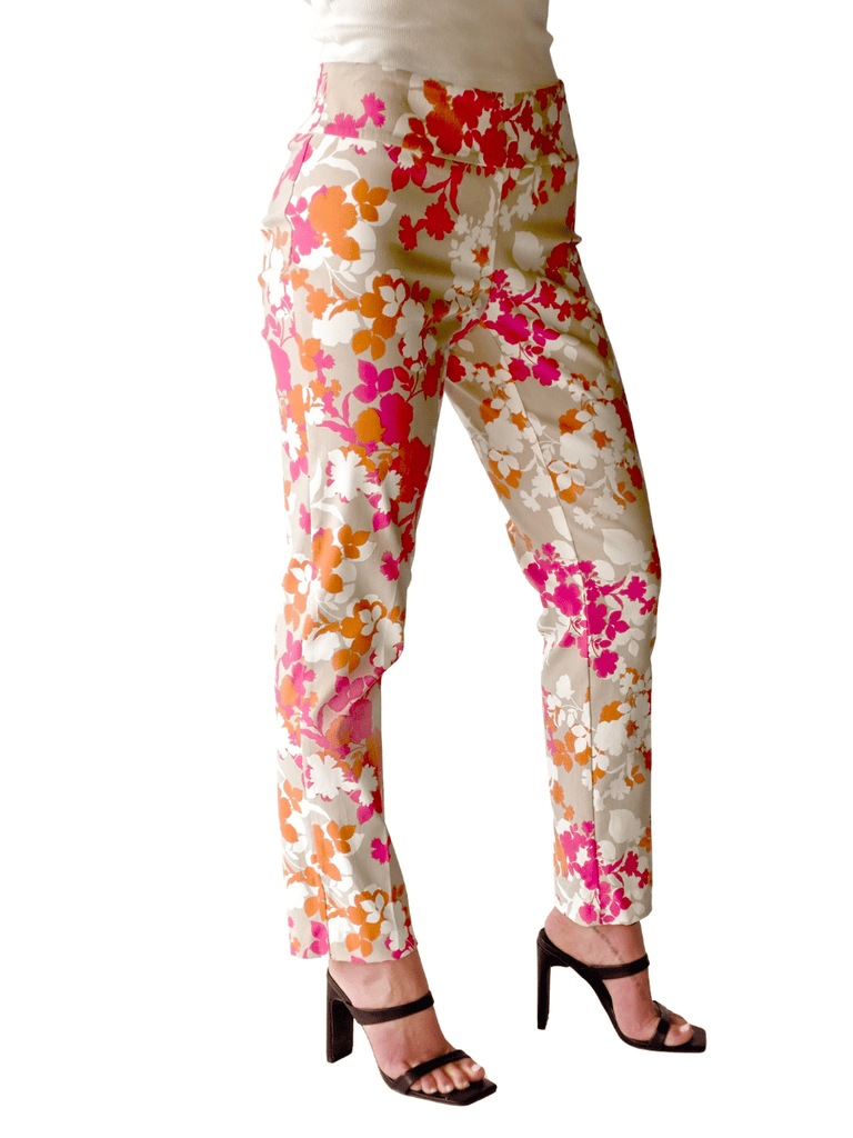 UP! PANTS Tummy Control Ankle Pant 28" in Pink, Orange and Beige Floral 68766 Print Up Pants Tummy control stockist online Australia flattering body contouring shaping pants high rise waistband signature of double bay Sydney fashion