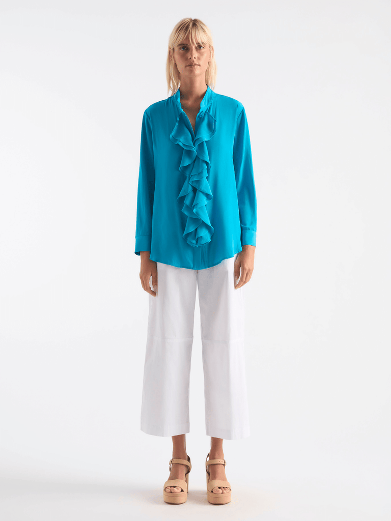Mela Purdie Trellis Shirt in Cyan Blue 8316 - Sophisticated Style for Travel Mela Purdie Stockist Online Australia Signature of Double Bay Tops