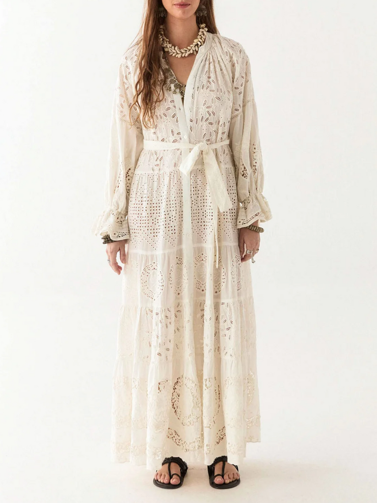 Maison Hotel Lilibet Long Sleeve V-Neck Tiered Maxi Dress in Canterbury Patch Shop Maison Hotel online store shirts pants and dresses in Sydney Australia official stockist Maison Hotel buy Bohemian french style clothing with hand embroidery and vintage style