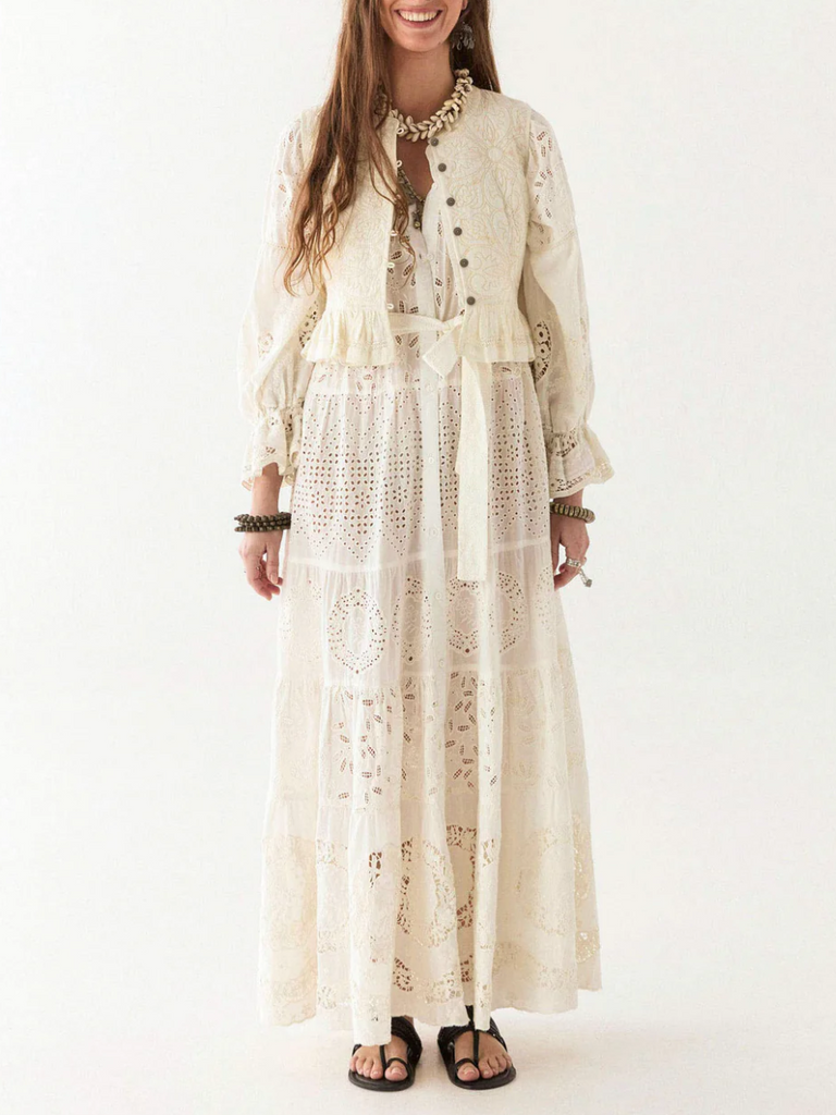 Maison Hotel Lilibet Long Sleeve V-Neck Tiered Maxi Dress in Canterbury Patch Shop Maison Hotel online store shirts pants and dresses in Sydney Australia official stockist Maison Hotel buy Bohemian french style clothing with hand embroidery and vintage style