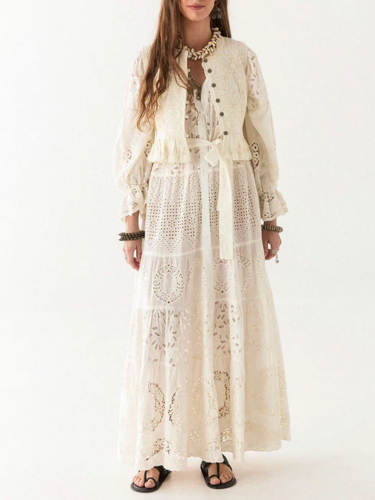 Maison Hotel Lilibet Long Sleeve V-Neck Tiered Maxi Dress in Canterbury Patch Shop Maison Hotel online store shirts pants and dresses in Sydney Australia official stockist Maison Hotel buy Bohemian french style clothing with hand embroidery and vintage style