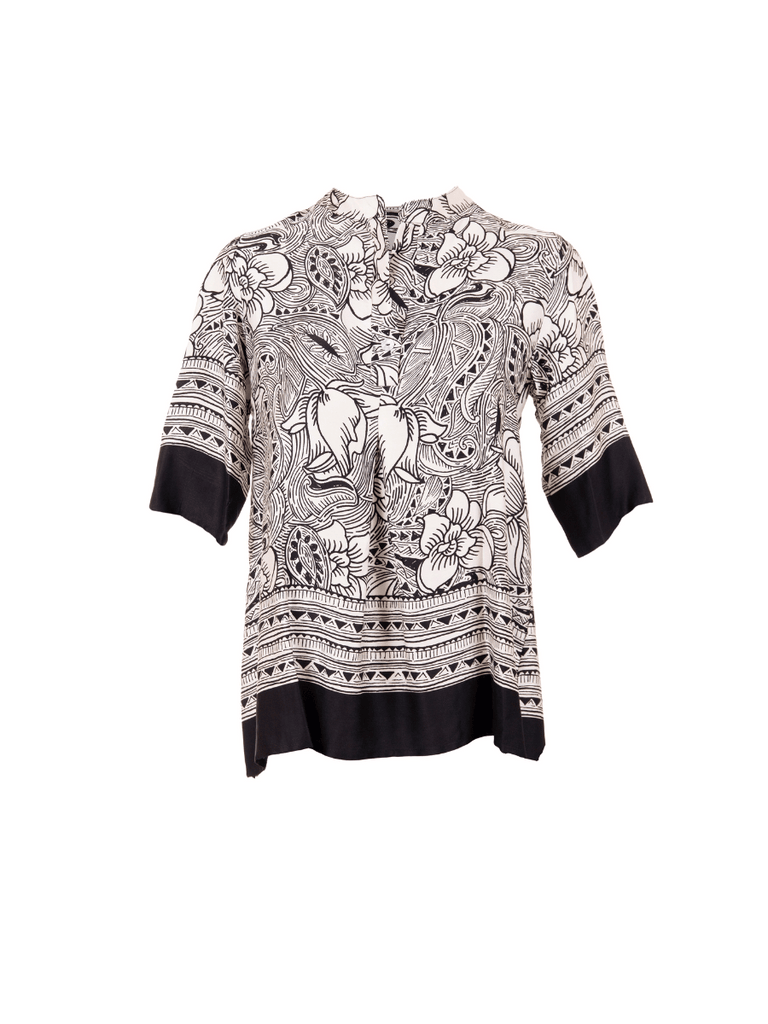 Peruzzi 3/4 Sleeve Woodblock Print Top in Black and Ecru Print S25124 shop peruzzi, peruzzi fashion, peruzzi stockists, peruzzi stockists australia, peruzzi sydney, peruzzi womens clothing