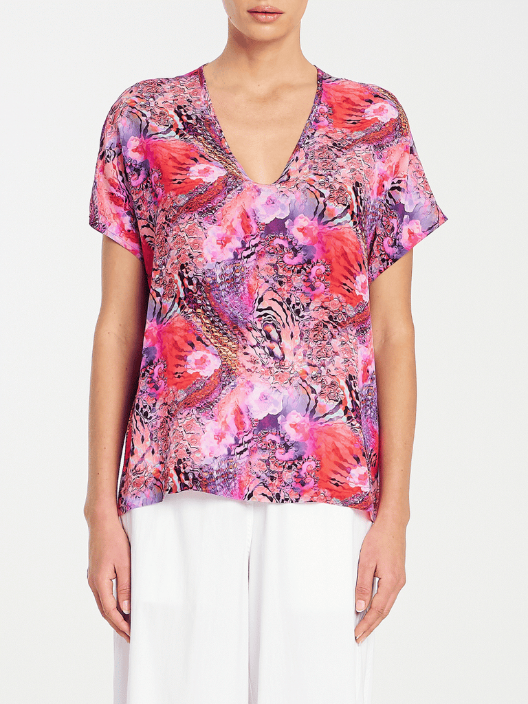 Mela Purdie Short Sleeve Scoop Shell Top in Kaleidoscope Print Silk 1740 Mela Purdie Stockist Online Australia Signature of Double Bay Tops Dresses Elegant Clothing