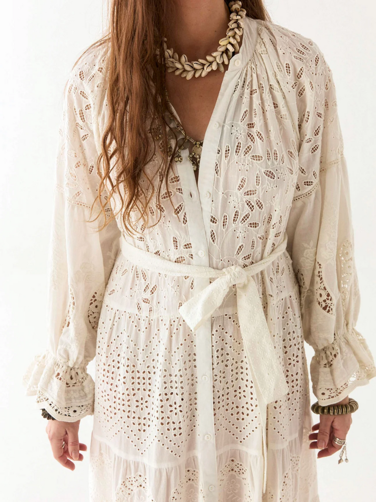 Maison Hotel Lilibet Long Sleeve V-Neck Tiered Maxi Dress in Canterbury Patch Shop Maison Hotel online store shirts pants and dresses in Sydney Australia official stockist Maison Hotel buy Bohemian french style clothing with hand embroidery and vintage style