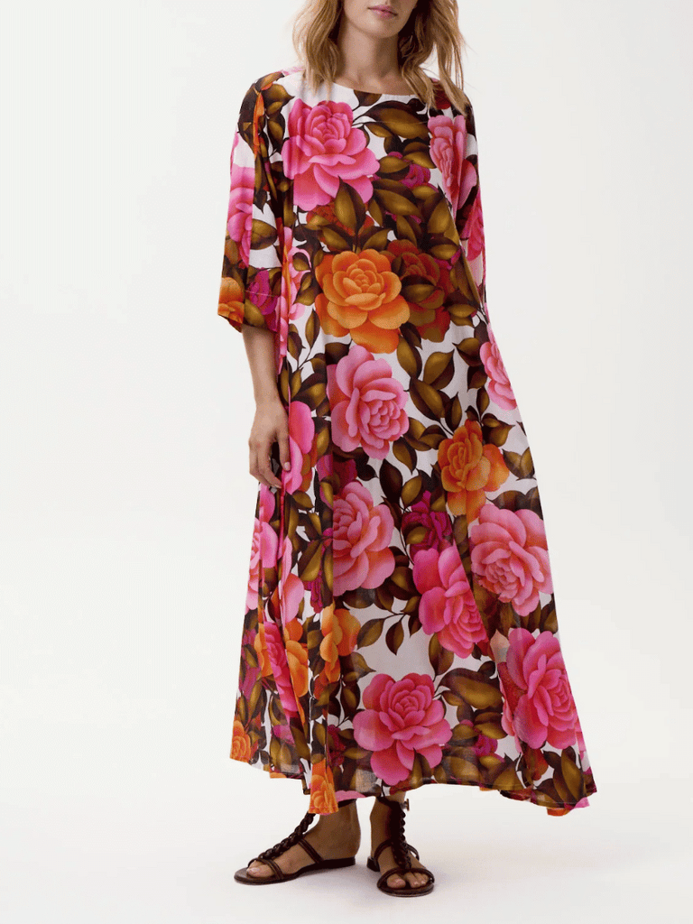 Oneseason Long Jackie Deia Cotton Roses Dress in Pink and Orange Floral Oneseason One Season lightweight and stylish resort wear Australian fashion label official stockist Signature of Double Bay