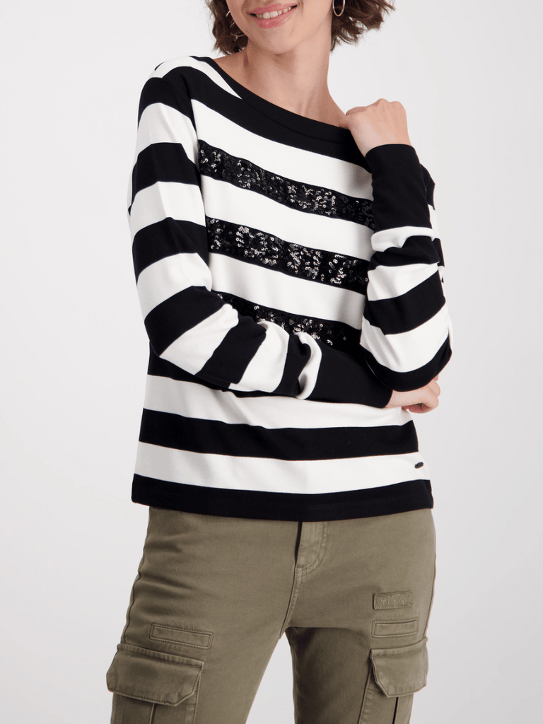 Monari Long Sleeve Sweatshirt with Sequin Highlights in Black and White Block Stripe Discover the Elegant Monari Collection at Signature of Double Bay, Shop Stylish Knitwear, Dresses, and Tops Online from Sydney's Premier Mature Fashion Boutique