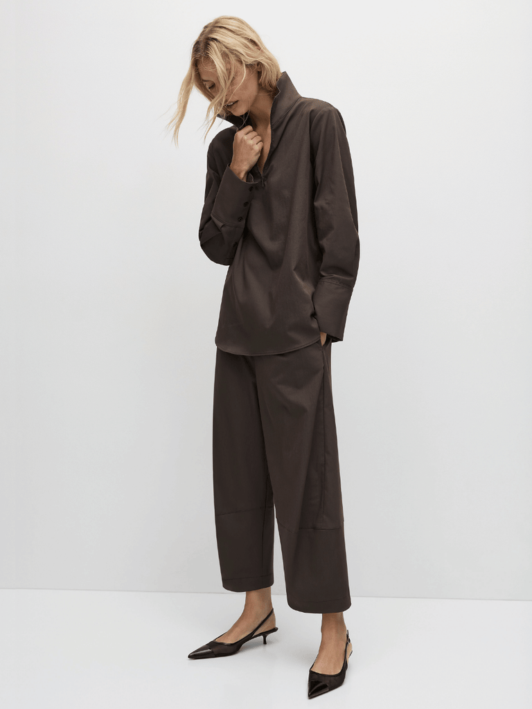 Mela Purdie Half Zip Blouse in Leather Twill 8632 Mela Purdie Stockist Online Australia Signature of Double Bay Tops Dresses Elegant Clothing