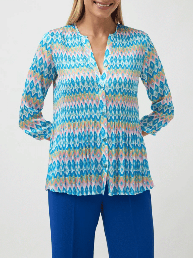 Tinta & Bariloche Long Sleeve Relaxed Fit Caleta Blouse in Turquoise Geometric Print Tinta and Bariloche online Australia Shop Tinta Bariloche shorts, dresses, tops online. Signature of Double Bay Fashion Tinta and Bariloche Online