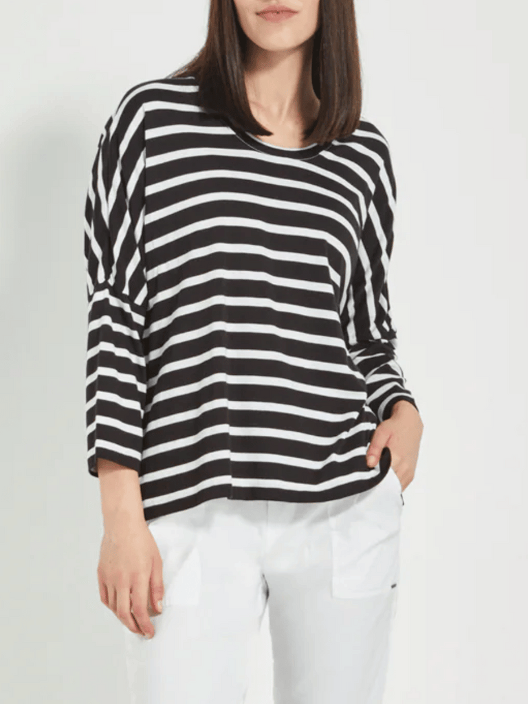 VERGE 3/4 Sleeve Relaxed Fit Sail Top in Black and White Stripe Verge Stockist Online Australia Signature of Double Bay Mature Fashion Acrobat Flattering