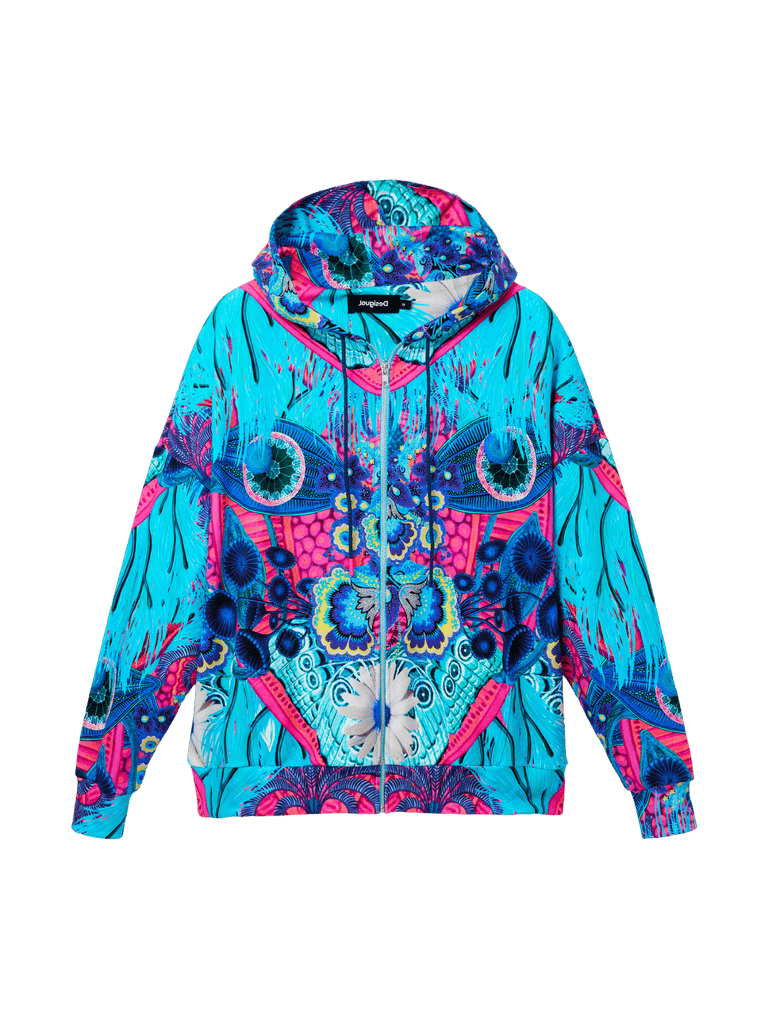 Desigual Oversized Zip Hoodie in Aqua by M. Christian Lacroix luxurious hooded zip sweater fantasy print desigual stockist online australia
