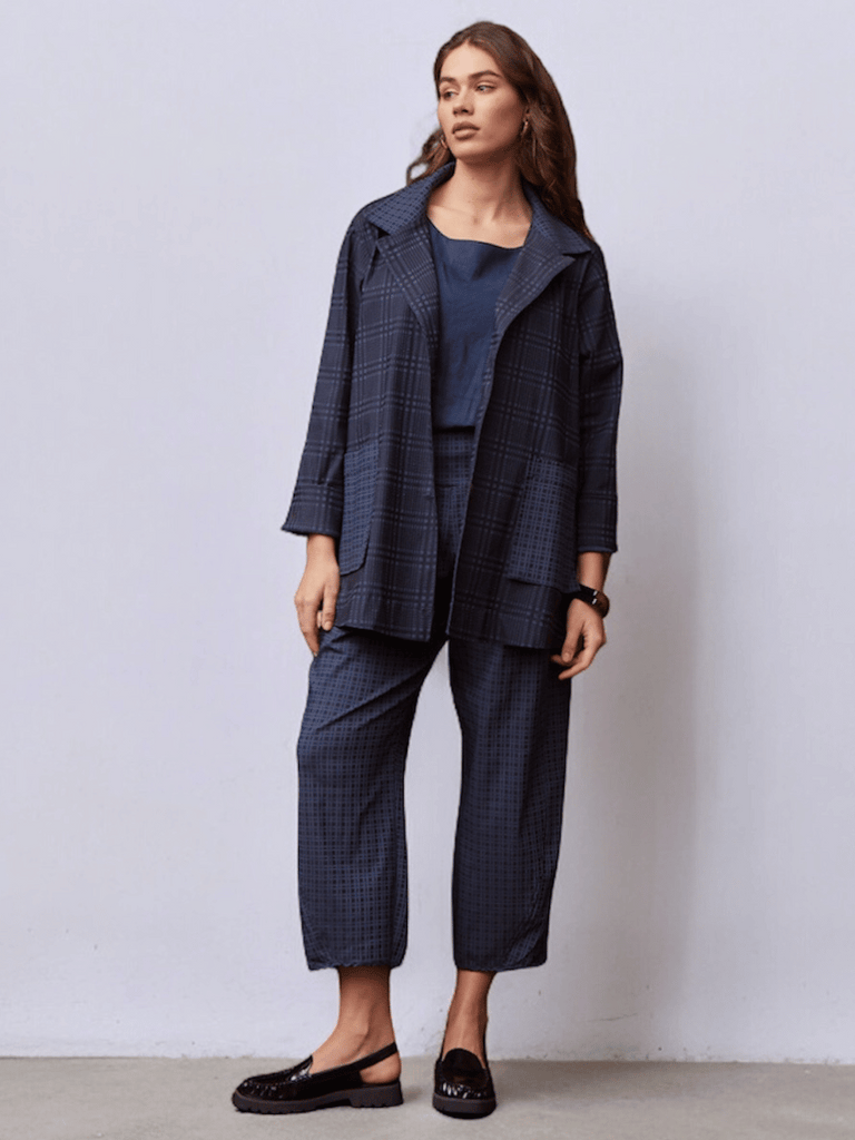 Valia Sydney Quay Pant Navy Checks VB021 Valia Australian fashion stockist online sydney buy quality womens mature fashion online in Sydney sustainable natural clothing