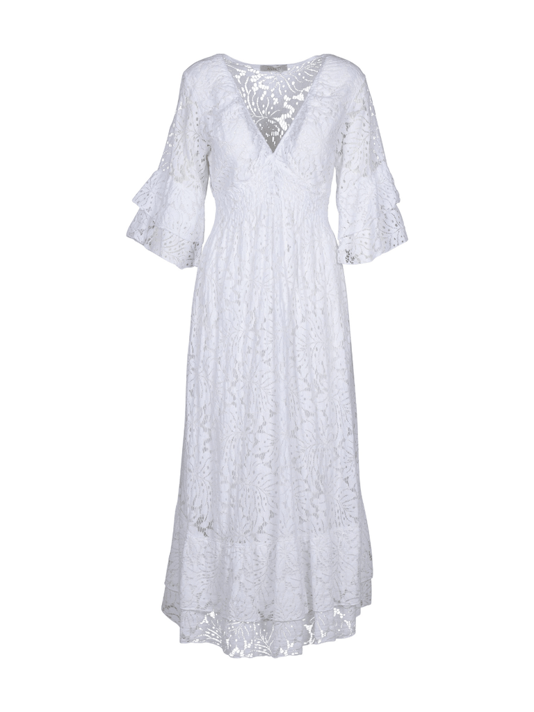 Astrid Long Sleeve Relaxed Fit Stretch Lace Maxi Dress in White Astrid women’s clothing collection feminine, versatile style shop now at Signature of Double Bay Sydney Australia online stockist luxury womens fashion