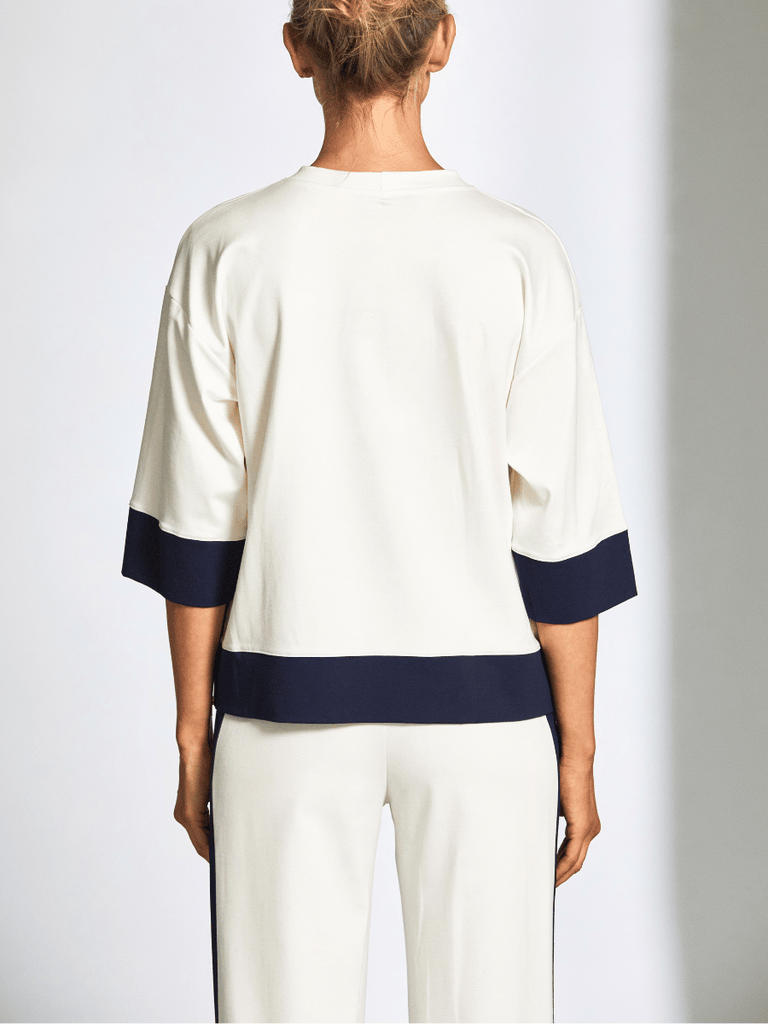 Peruzzi Contrast Zip Detail 3/4 Sleeve Top in Cream and Navy 25178 shop peruzzi, peruzzi fashion, peruzzi stockists, peruzzi stockists australia, peruzzi sydney, peruzzi womens clothing