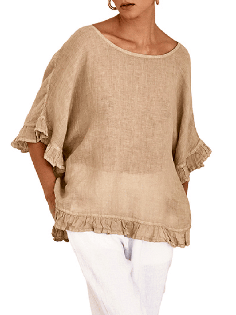 Haris Cotton Linen Gauze Blouse with Ruffles in Sandy Beige. Shop Haris Cotton Australia – Elegant linen clothing and sustainable european women’s fashion at Signature of Double Bay Sydney online and instore. shop natural linen dresses, white linen clothing and summer linen outfits in Sydney