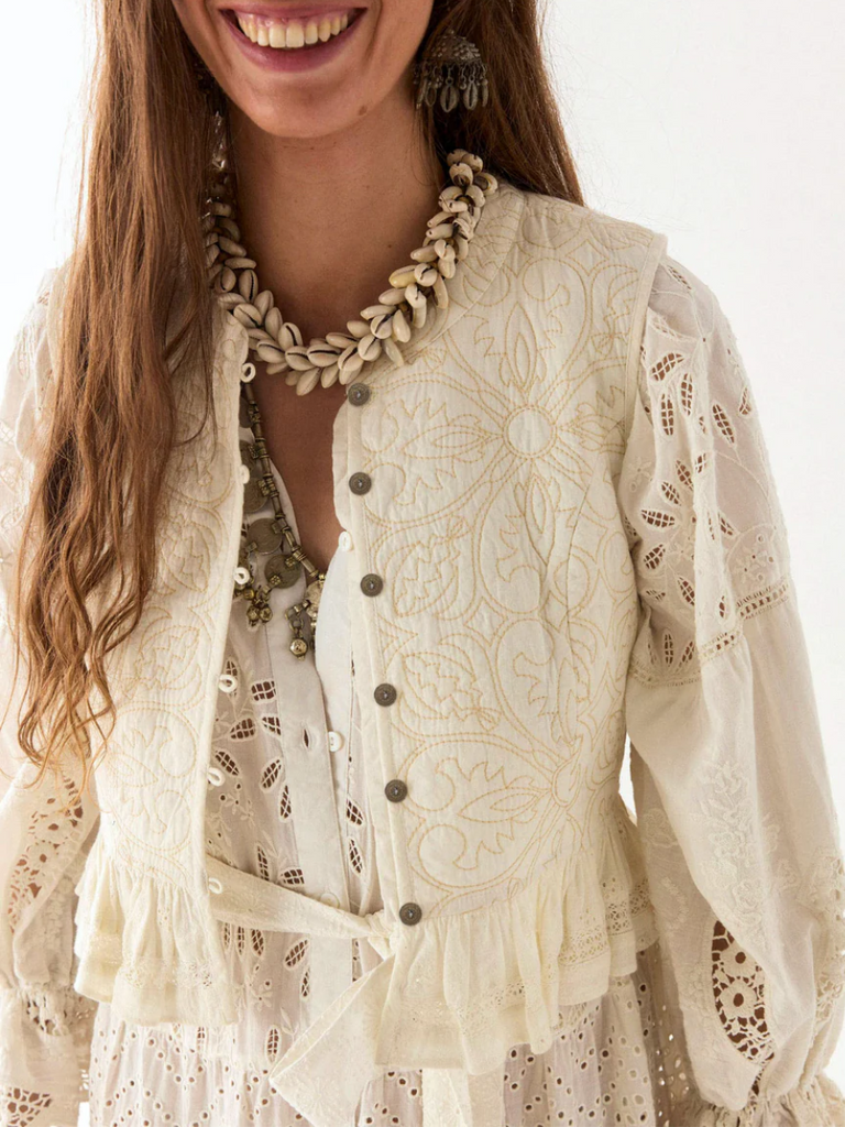 Maison Hotel Lilibet Long Sleeve V-Neck Tiered Maxi Dress in Canterbury Patch Shop Maison Hotel online store shirts pants and dresses in Sydney Australia official stockist Maison Hotel buy Bohemian french style clothing with hand embroidery and vintage style