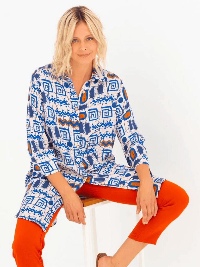 Tinta & Bariloche Oversized Long Button Front Shirt 3/4 Sleeves in Blue and Orange Geometric Tribal Print Tinta and Bariloche online Australia Shop Tinta Bariloche shorts, dresses, tops online. Signature of Double Bay Fashion Tinta and Bariloche Online