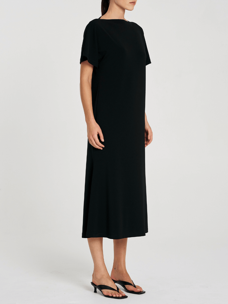 Mela Purdie Short Sleeve Slash Neck Dress in Black Powder Knit 3017 Mela Purdie Stockist Online Australia Signature of Double Bay Tops Dresses Elegant Clothing