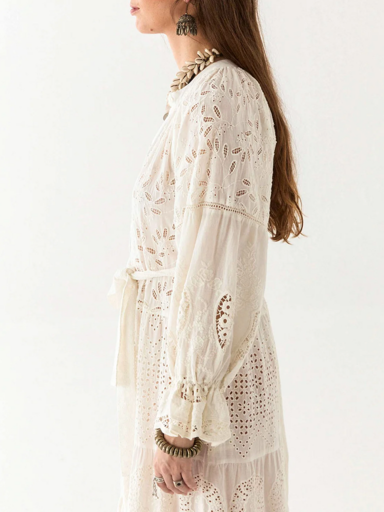 Maison Hotel Lilibet Long Sleeve V-Neck Tiered Maxi Dress in Canterbury Patch Shop Maison Hotel online store shirts pants and dresses in Sydney Australia official stockist Maison Hotel buy Bohemian french style clothing with hand embroidery and vintage style