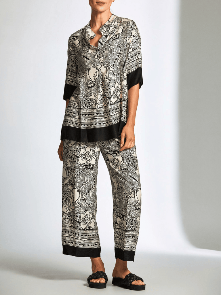 Peruzzi 3/4 Sleeve Woodblock Print Top in Black and Ecru Print S25124 shop peruzzi, peruzzi fashion, peruzzi stockists, peruzzi stockists australia, peruzzi sydney, peruzzi womens clothing