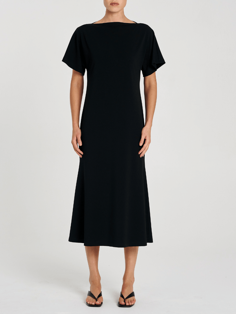 Mela Purdie Short Sleeve Slash Neck Dress in Black Powder Knit 3017 Mela Purdie Stockist Online Australia Signature of Double Bay Tops Dresses Elegant Clothing