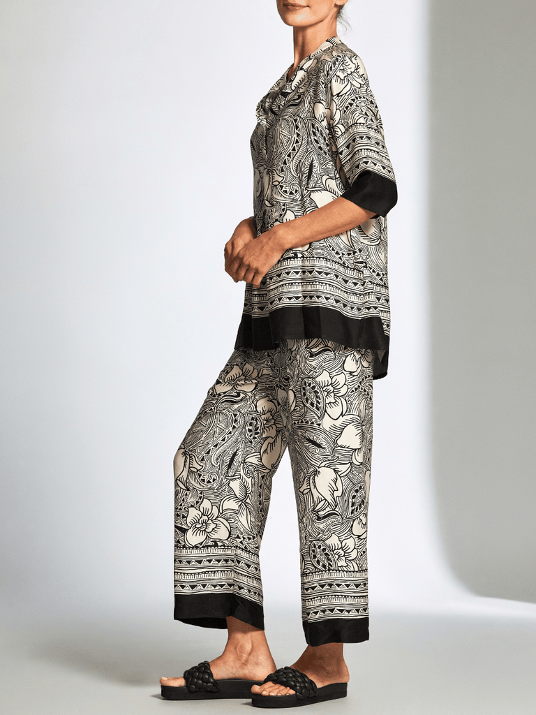 Peruzzi 3/4 Sleeve Woodblock Print Top in Black and Ecru Print S25124 shop peruzzi, peruzzi fashion, peruzzi stockists, peruzzi stockists australia, peruzzi sydney, peruzzi womens clothing